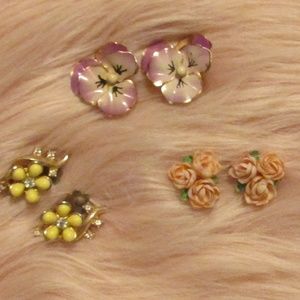 Floral Vintage Clip-On Earrings, Lot of 3